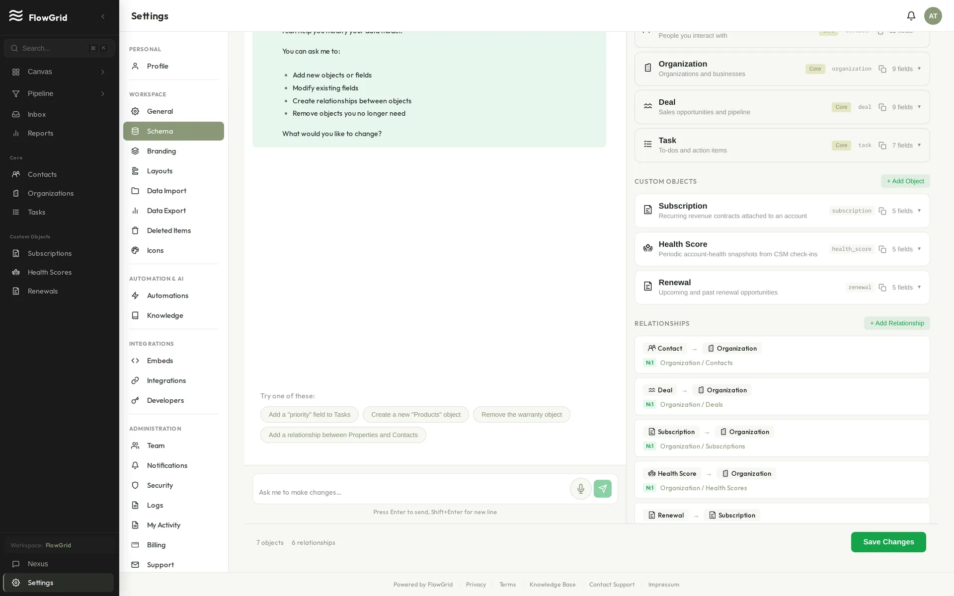 The schema editor with custom objects