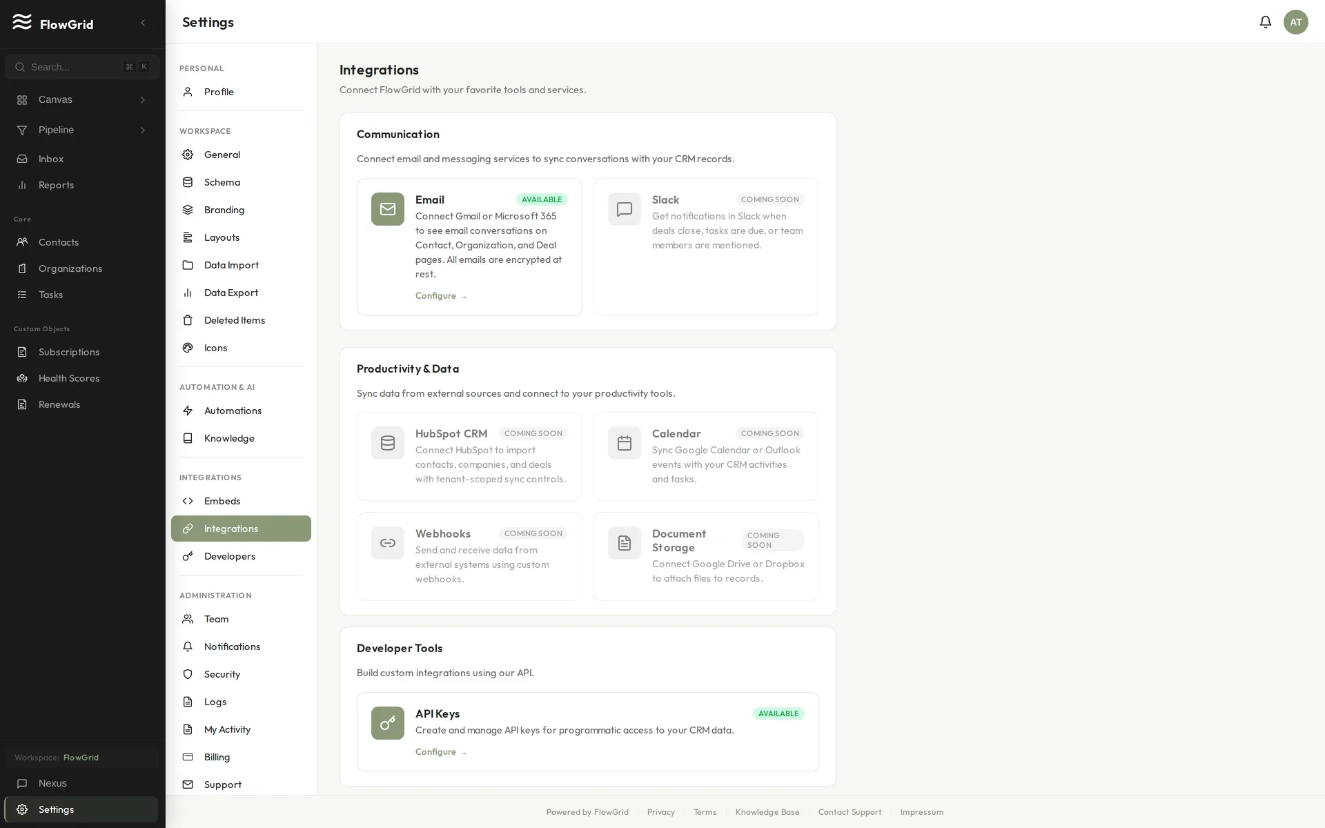 The Integrations settings