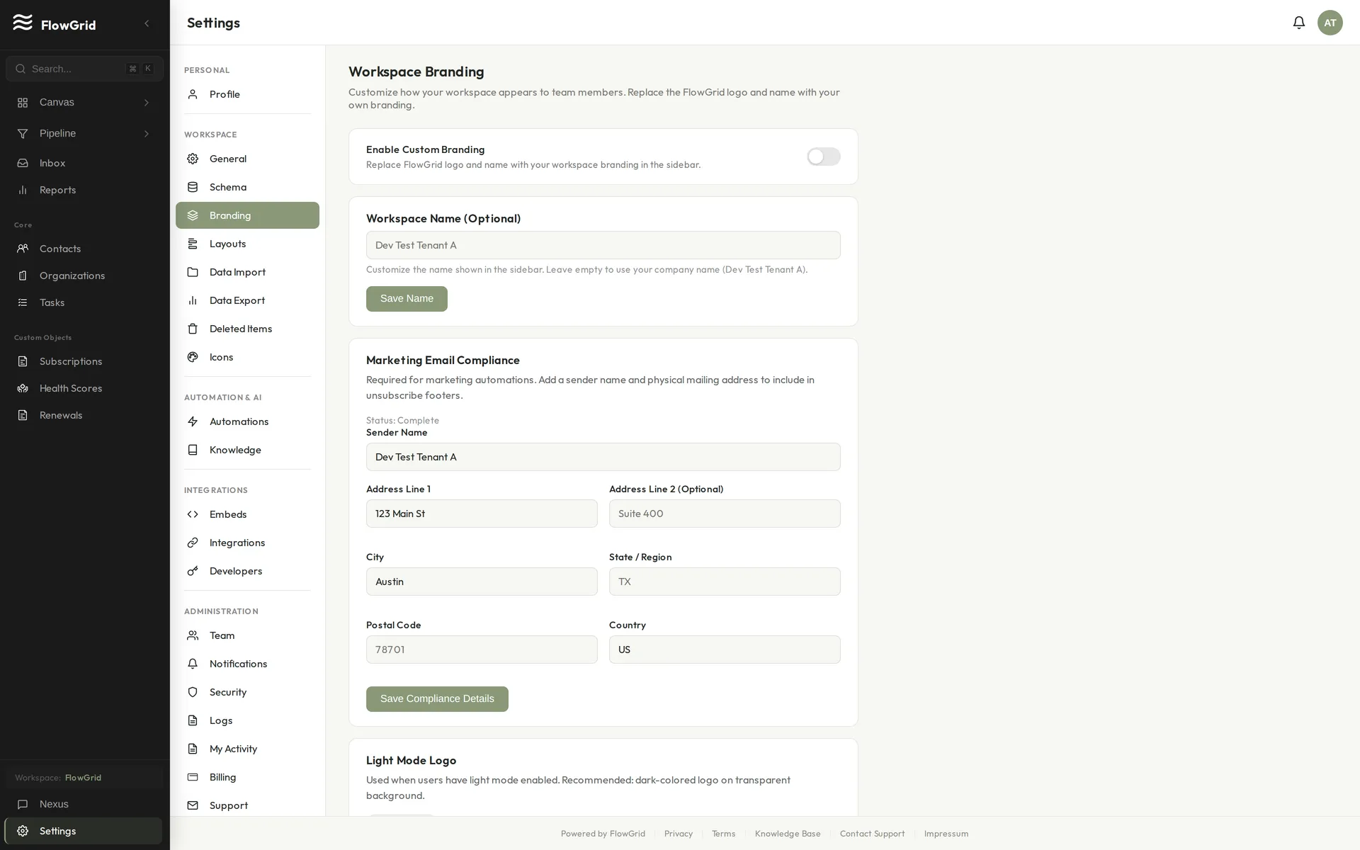 Workspace branding settings